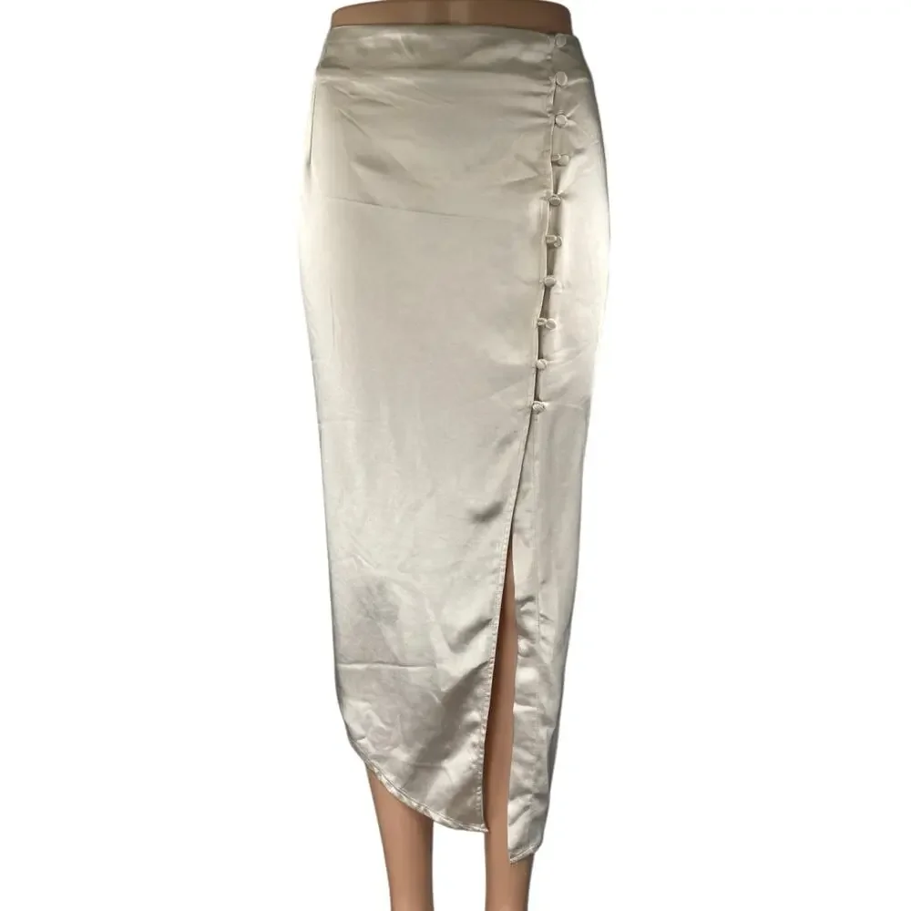 NEW Princess Polly Beige Silk Satin Asymmetric Midi Straight Pencil Slip Skirt 6